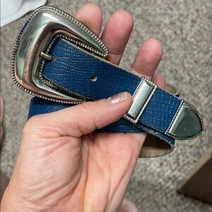 Vintage Blue Leather Belt with Silver Buckle and end cap